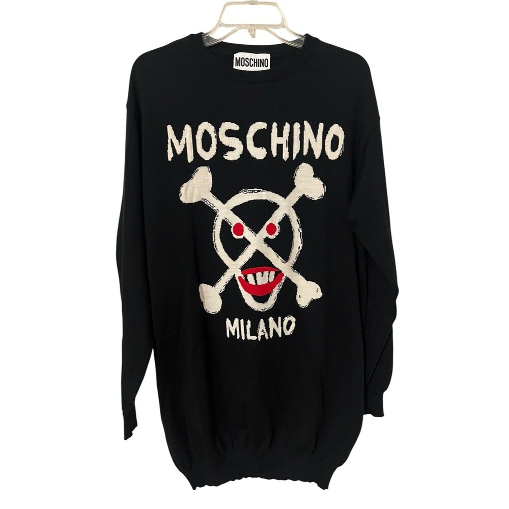 Moschino Couture Skull Crossbones Virgin Wool Sweater Dress Black Jeremy Scott